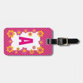 モノグラム春の花の女の子ピンクの格子模様 ラゲッジタグ (正面横)