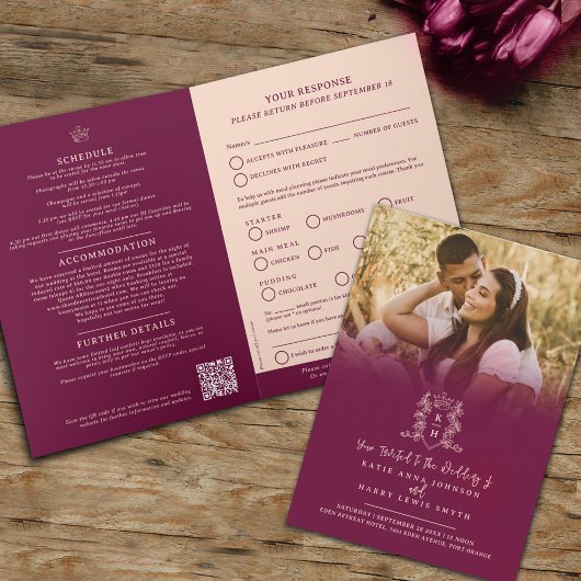 モノグラム暗赤色結婚王冠の食事オプションRSVP 招待状