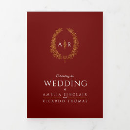 モノグラム暗赤色金ゴールド結婚リーフのオプションRSVP 三つ折り招待状