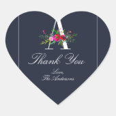 モノグラム最後のイニシャルモダンブルーのフローラ結婚 ハートシール (正面)