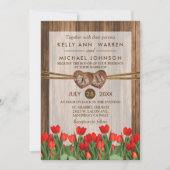 モノグラム木材ハートと赤チューリップ 招待状 (正面)