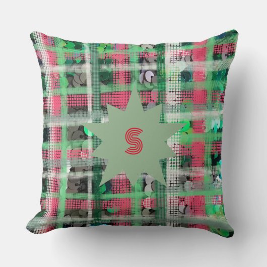 モノグラム格子赤緑灰色フェスティバル星 クッション (正面)