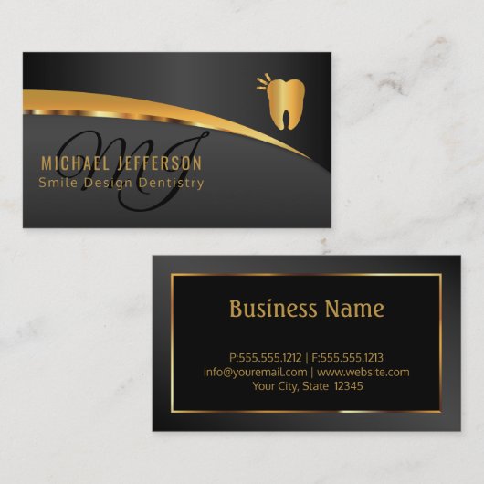 モノグラム歯科医院 – 黒と金ゴールド 名刺 (正面/裏面)