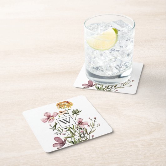 モノグラム水の色ワイルドフラワーブーケ#1 スクエアペーパーコースター (インサイチュ)