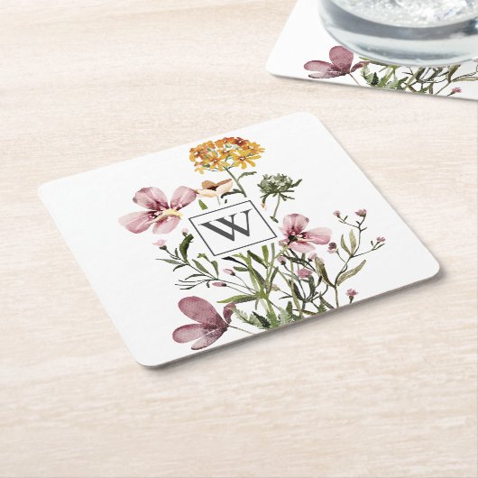 モノグラム水の色ワイルドフラワーブーケ#1 スクエアペーパーコースター (アングル)