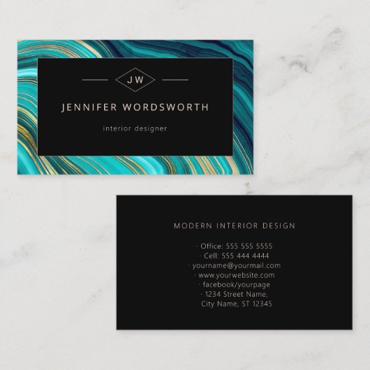 モノグラム水カラーGeodeグリーンアゲートマラカイト 名刺 (正面/裏面)