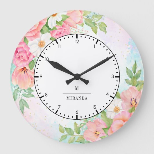 モノグラム水彩グラデーションフローラグリーンピンク ラージ壁時計 (正面)