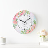 モノグラム水彩グラデーションフローラグリーンピンク ラージ壁時計 (ホーム)