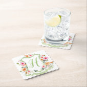モノグラム水彩フローラクレスト、ピンクグリーン ペーパーコースター (インサイチュ)