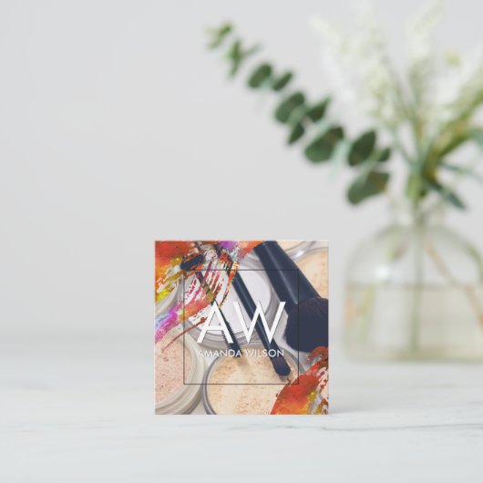 モノグラム水彩ブラシ仕上げ化粧パレット スクエア名刺 (スタンド正面)