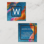 モノグラム水彩ブラシ付き青テクスチャステッチ スクエア名刺 (正面/裏面)