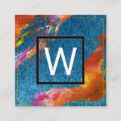 モノグラム水彩ブラシ付き青テクスチャステッチ スクエア名刺 (正面)