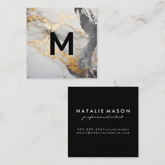 モノグラム水彩ブラシ |大理石金ゴールド スクエア名刺 (正面/裏面)