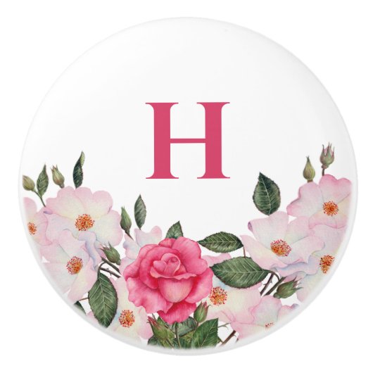 モノグラム水彩優しいピンク白バラ セラミックノブ (正面)