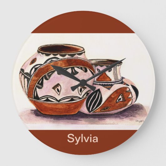 モノグラム水彩先住民アメリカ陶芸 ラージ壁時計 (正面)