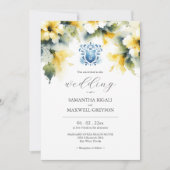 モノグラム水彩青と黄結婚色 招待状 (正面)