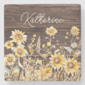 モノグラム水彩黄色ひまわり畑 ストーンコースター (正面)