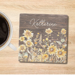 モノグラム水彩黄色ひまわり畑 ストーンコースター