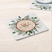 モノグラム水素朴色ウッドスライスと葉 スクエアペーパーコースター (アングル)