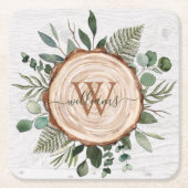 モノグラム水素朴色ウッドスライスと葉 スクエアペーパーコースター (正面)