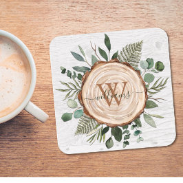 モノグラム水素朴色ウッドスライスと葉 スクエアペーパーコースター
