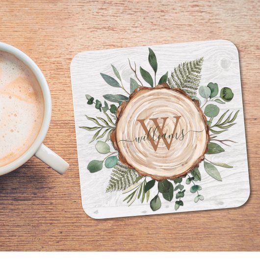モノグラム水素朴色ウッドスライスと葉 スクエアペーパーコースター