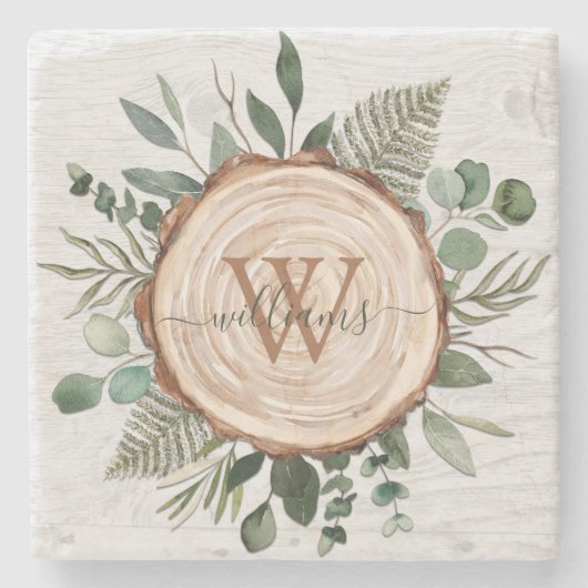 モノグラム水素朴色ウッドスライスと葉 ストーンコースター (正面)
