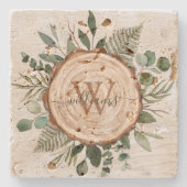 モノグラム水素朴色ウッドスライスと葉 ストーンコースター (正面)