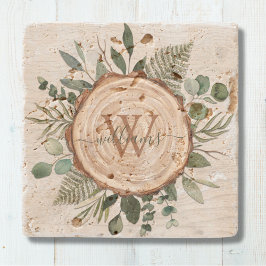 モノグラム水素朴色ウッドスライスと葉 ストーンコースター