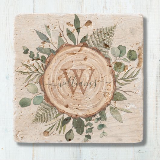 モノグラム水素朴色ウッドスライスと葉 ストーンコースター