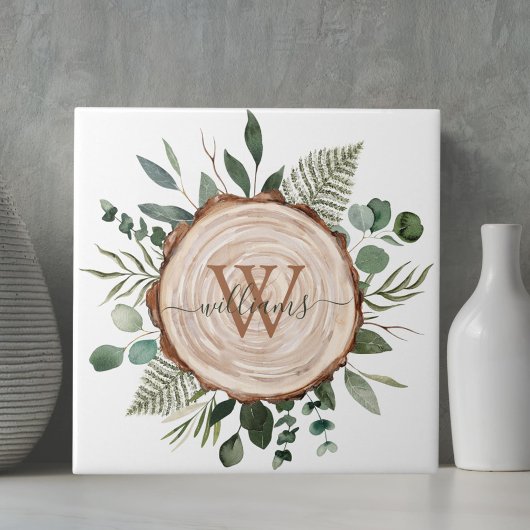 モノグラム水素朴色ウッドスライスと葉 タイル