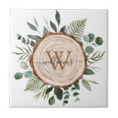 モノグラム水素朴色ウッドスライスと葉 タイル (正面)