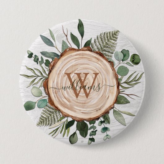モノグラム水素朴色ウッドスライスと葉 缶バッジ (正面)