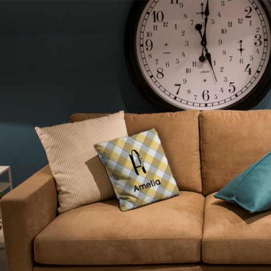モノグラム水色ギンガムイエローグレーパターン クッション