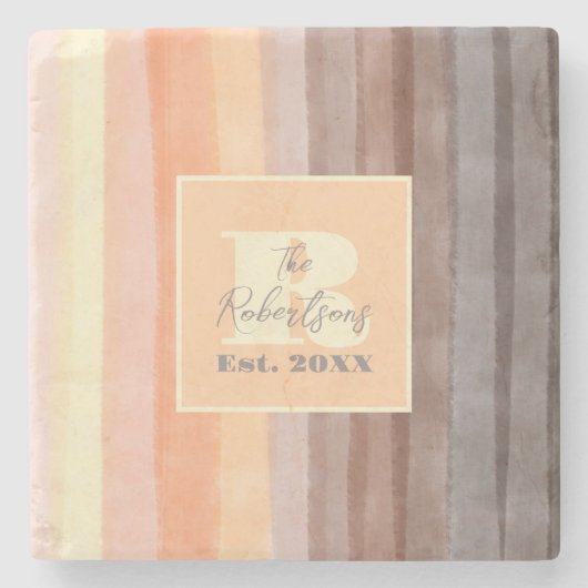 モノグラム水色ストライプ茶色オレンジ色 ストーンコースター (正面)