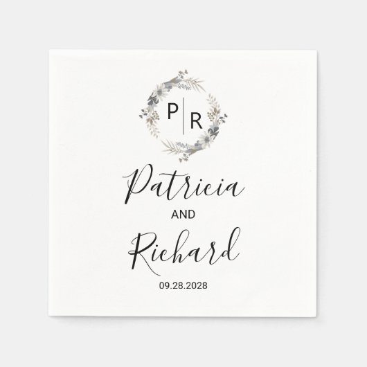 モノグラム水色フローラ結婚ズ スタンダードカクテルナプキン (正面)