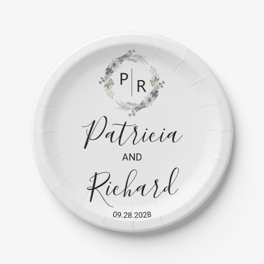 モノグラム水色フローラ結婚ズ ペーパープレート (正面)