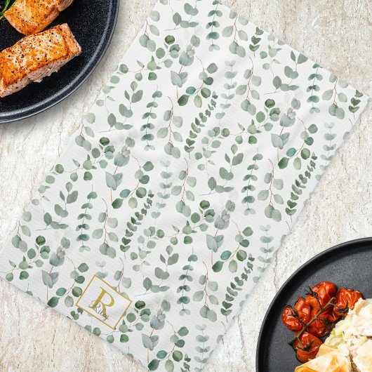 モノグラム水色ユーカリ花柄 キッチンタオル