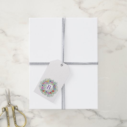 モノグラム水色リースクリスマスギフトタグ ギフトタグ (より糸付き)