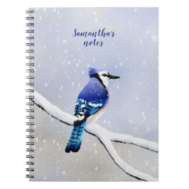 モノグラム水色冬の雪の鳥の青いジェイ ノートブック