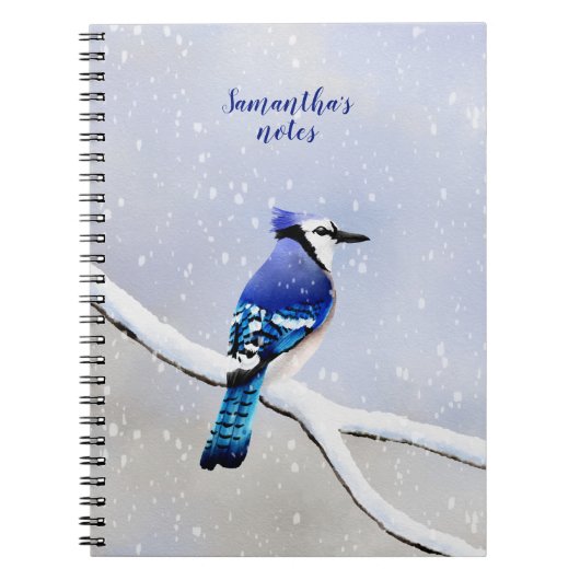 モノグラム水色冬の雪の鳥の青いジェイ ノートブック (正面)