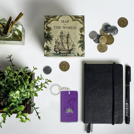 モノグラム水色名パープルアクリルキーチェーン キーホルダー