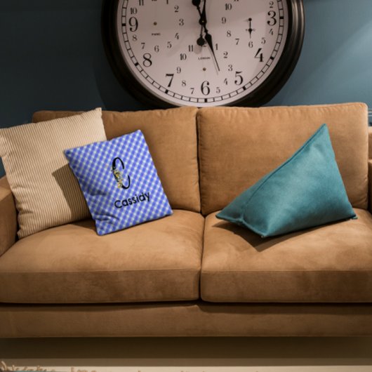 モノグラム水色花ギンガムブルー クッション
