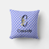 モノグラム水色花ギンガムブルー クッション (正面)