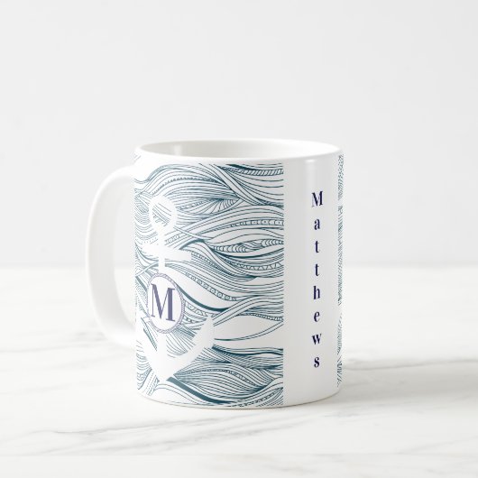 モノグラム海軍とホワイト航海のいかり コーヒーマグカップ (正面左)