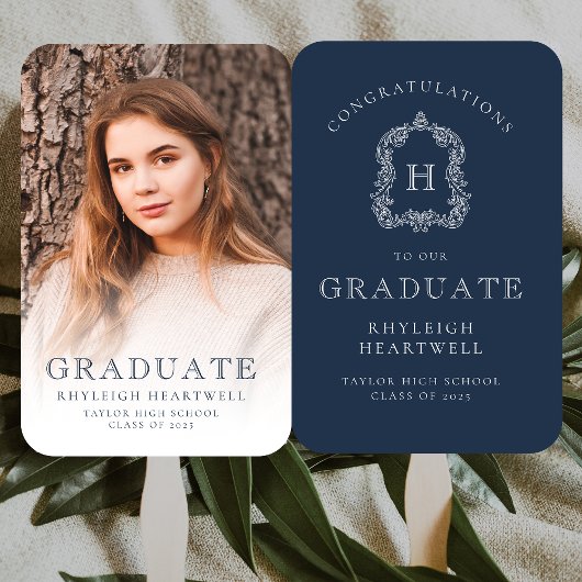 モノグラム海軍ブルーホワイト写真卒業 ハンドファン