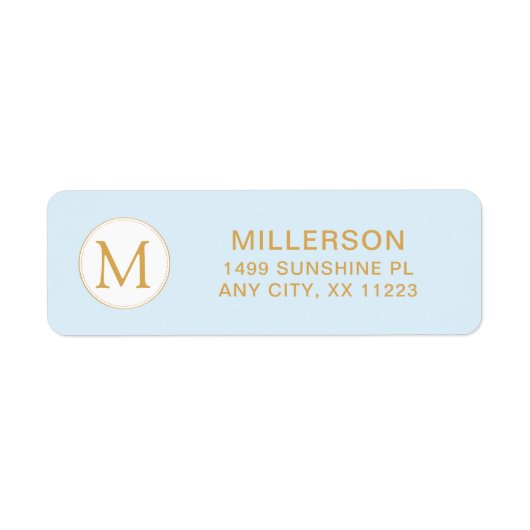 モノグラム淡い色のブルーと金ゴールド差出人住所 ラベル (正面)