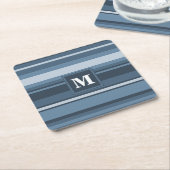モノグラム灰色ストライプ青 スクエアペーパーコースター (アングル)