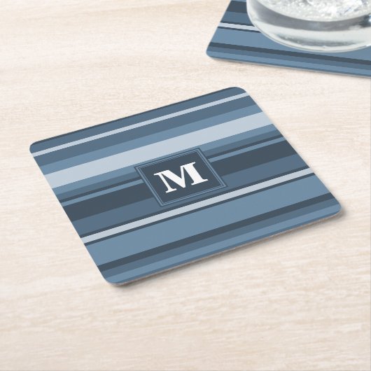 モノグラム灰色ストライプ青 スクエアペーパーコースター (アングル)
