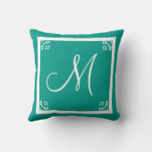 モノグラム無地のアクアティール（緑がかった色）ブルーパーソナライズされたカスタム クッション (裏面)